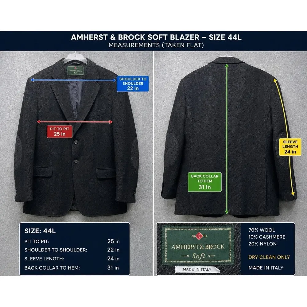 Amherst Brock Soft Cashmere Wool Blazer Sport Coat 44R Black Elbow Patches Italy